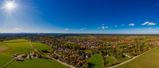 Aerial photo, of a meadow and pasture in Bavaria at the edge of the Alps with sheds and barns, Oberhaching.