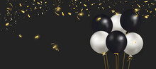 Set Of Black, White Balloons With Gold Confetti. Celebrate A Birthday, Poster, Banner Happy Anniversary. Realistic Decorative Design Elements. Festive Background With Helium Balloons.