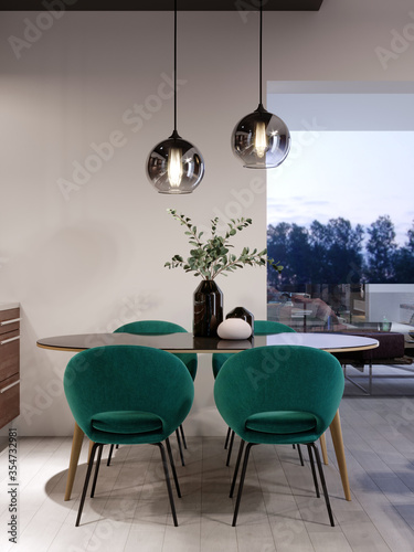Cuadros en Lienzo Newly designed kitchen with dining room, loft style, green chairs, brick wall