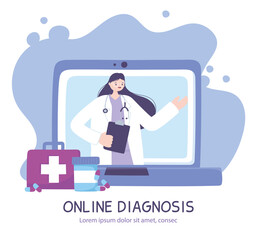 Poster - online doctor, laptop screen with female therapist on chat medical advice or consultation service