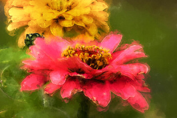 Wall Mural - bright pink and yellow watercolor flower design isolated on green background
