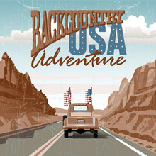 Vintage Truck Driving On A Mountain Road Vector Illustration With Backcountry Adventure USA Heading