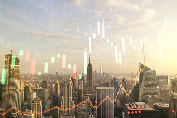 Poster - Multi exposure of virtual abstract financial graph hologram and world map on Manhattan cityscape background, financial and trading concept