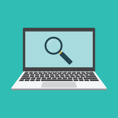 Poster - laptop with  magnifying glass  flat vector  search icon