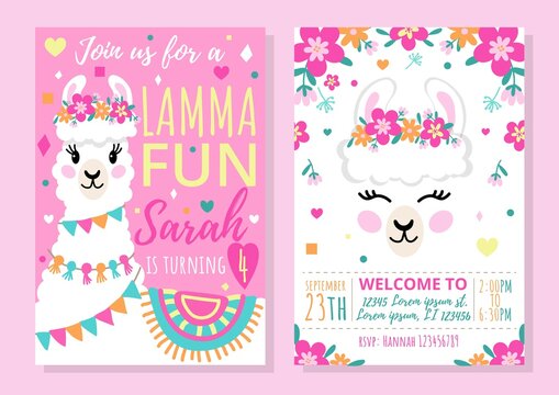 Wall Mural - Llama party invitation template with colourful design vector illustration. Bright decorations for event flat style. Happy birthday celebration concept. Isolated on pink background