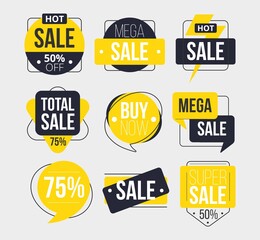 Abstract sale labels set with inscription vector illustration. Total super mega sale buy now flat style. Ad or promo. Shopping concept. Isolated on grey background