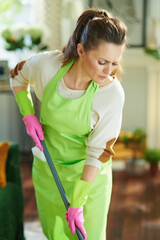 Wall Mural - woman with mop doing household work at modern home in sunny day