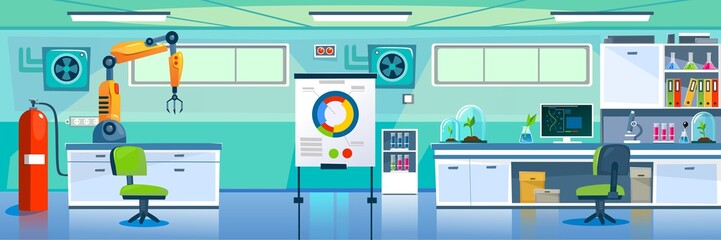 Empty modern laboratory with luxury equipment vector illustration. Investigation on plant cartoon design. Board with colourful graphic. Science and research concept