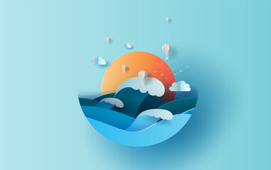 Wall Mural - balloon white hot air of sea wave view landscape sunlight. travel in holiday summer season circle co
