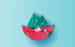 travel in holiday vacation summer season circle idea. Sea wave with watermelon concept. boat in ocean landscape. Paper craft and cut style sea view Island. Dolphins jumping joyfully.