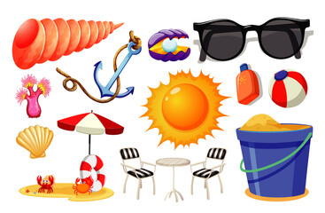 Set of summer beach icon cartoon style on white background