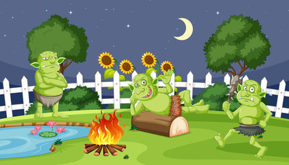Poster - Goblins or trolls with fire camping night in cartoon style on garden background