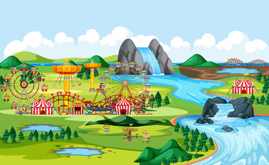 Wall Mural - Amusement park with circus and many rides landscape scene