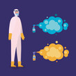 © Grgroup - Man spraying with protective suit gloves and bottles vector design