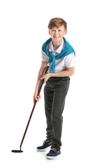 Wall Mural - Cute little golf player on white background