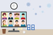 Illustration of group of friends or colleagues in a video conference webinar online meeting on laptop computer screen to prevent coronavirus or covid-19 virus pandemic with copy space