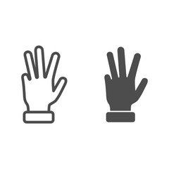 Poster - Four fingers up line and solid icon, gestures concept, Counting sign on white background, hand showing four fingers icon in outline style for mobile and web design. Vector graphics.
