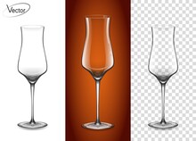 A Glass For Cognac And Armagnac. Empty Glass On A Transparent Background And On A Cognac Background. Tableware For Drinks Made Of Glass. Realistic, Highly Detailed Layout. 3d, Vector.