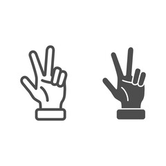Poster - Hand showing three fingers line and solid icon, Hand gestures concept, Three finger gesture sign on white background, hand showing number three icon in outline style for mobile, web. Vector graphics.