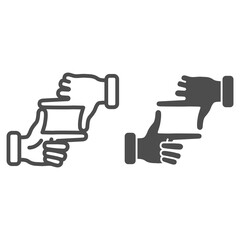 Poster - Hands in photo frame gesture line and solid icon, gestures concept, Human hands doing cropping sign on white background, photographer hand gesture icon in outline style for mobile. Vector graphics.