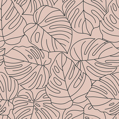 Tropical Monstera Leaves Seamless Pattern. Vector floral background in a trendy minimalistic linear style