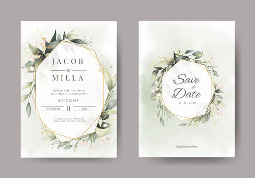 wedding invitation card set with branch leaf greenery watercolor and and gold design greeting card t