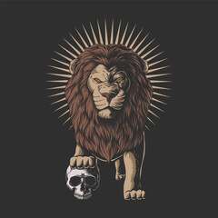 Wall Mural - Lion stepped on a human skull vector illustration