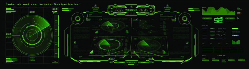 Radar air and sea targets. Navigation bar for finding and destroying military targets. Futuristic radar screen. Search for goal. View terrain from the satellite. Radar Interface with HUD Elements