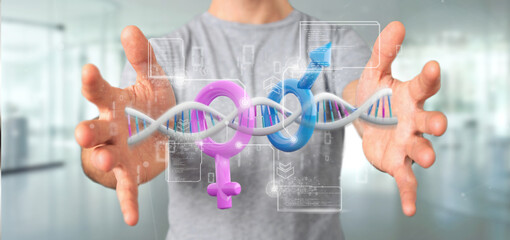 Wall Mural - Businessman holding a DNA with data and male and female symbol - 3d rendering