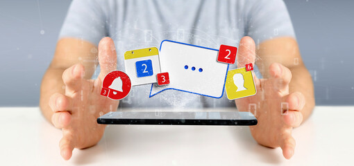 Poster - Businessman holding Social network notifications - 3d rendering