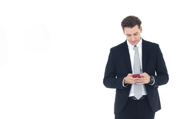 Handsome businessman in a suit hand holding smartphone isolated on white background.Copy Space