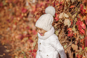 Wall Mural - Child in autumn orange leaves.