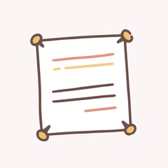 Poster - Hand drawn note paper with line attached with four drawing pin vector flat illustration. Colorful notepaper sheet for notes with pushpin isolated on white. Reminder memo with message or information