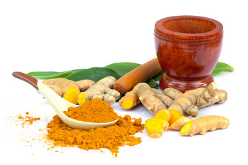 Wall Mural - fresh turmeric root and turmeric powder in spoon on white background