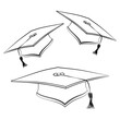 Black line student caps. Sketch of graduation hat. Academic celebration ceremony symbol. Education square uniform. isolated caps in different turns, tilts. Jpeg illustration