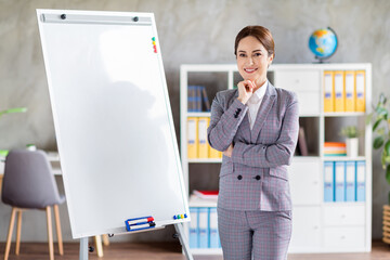 Sticker - Photo of business coach lady home education online lesson stand white board listen students marketing projects arm on chin interested wear plaid suit living room house classroom indoors