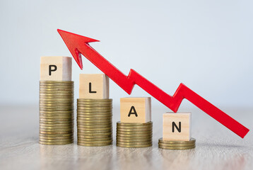 Wall Mural - A pile of coins and red arrows investment planning ideas Growing business arrow chart with increased value on coins Save money for future investment plan ideas.