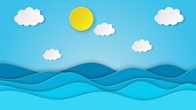 Sea View On Clear Sky. Paper Cut And Craft Style. Blue Sea Waves White Air Clouds Paper Art Style Of Cover Design. Vector Illustration