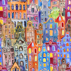  Фmsterdam Рolland fairy houses. Seamless watercolor background for desing.