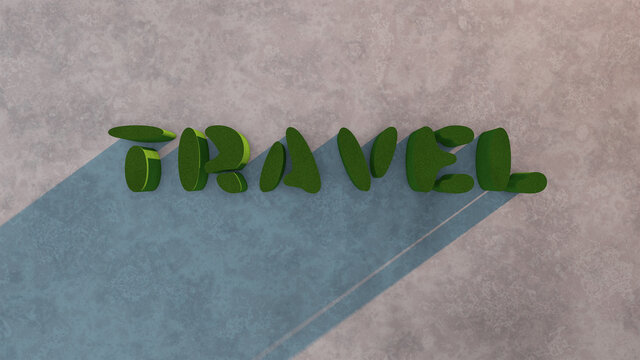 The inscription in green letters Travel a white background, signaling the end of the pandemic quarantine 3D rendering