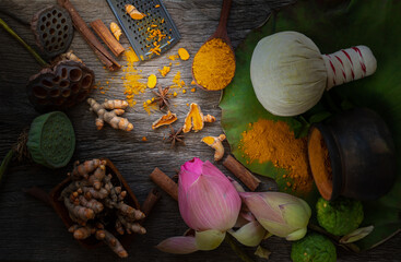 Wall Mural - Turmeric powder,Turmeric fresh and ingredient herbs on wooden background