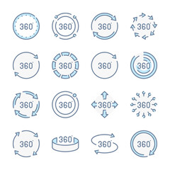 Poster - 360 degree related blue line colored icons. Panorama view and 360 view icon set.