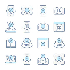 Poster - Augmented Reality related blue line colored icons. Virtual Reality and Interactive simulation icon set.