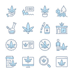 Cannabis related blue line colored icons. Cannabidiol and Marijuanas icon set.