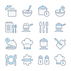 Wall Mural - Cooking and Kitchen Utensils related blue line colored icons. Pot, Pan and Cooking recipe icon set.