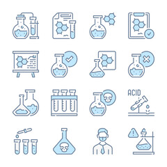 Poster - Laboratory and Scientific Equipment related blue line colored icons. Chemistry and Science Experiment icon set.