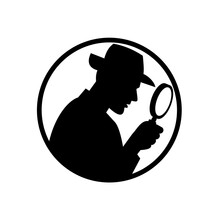 Detective With Magnifying Glass Silhouette Circle Black And White