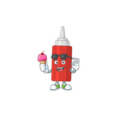 Wall Mural - Happy face of sauce bottle cartoon mascot having an ice cream