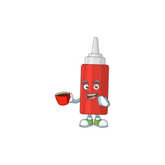 Wall Mural - A mascot design character of sauce bottle drinking a cup of coffee