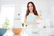 © deagreez - Low angle view photo of positive cheerful girl want prepare tasty cookies for her kids hold jug pour milk bowl flour wear white apron in kitchen house